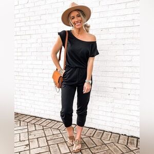 PRETTYGARDEN Loose Solid Off Shoulder Elastic Waist Stretchy Romper Jumpsuit